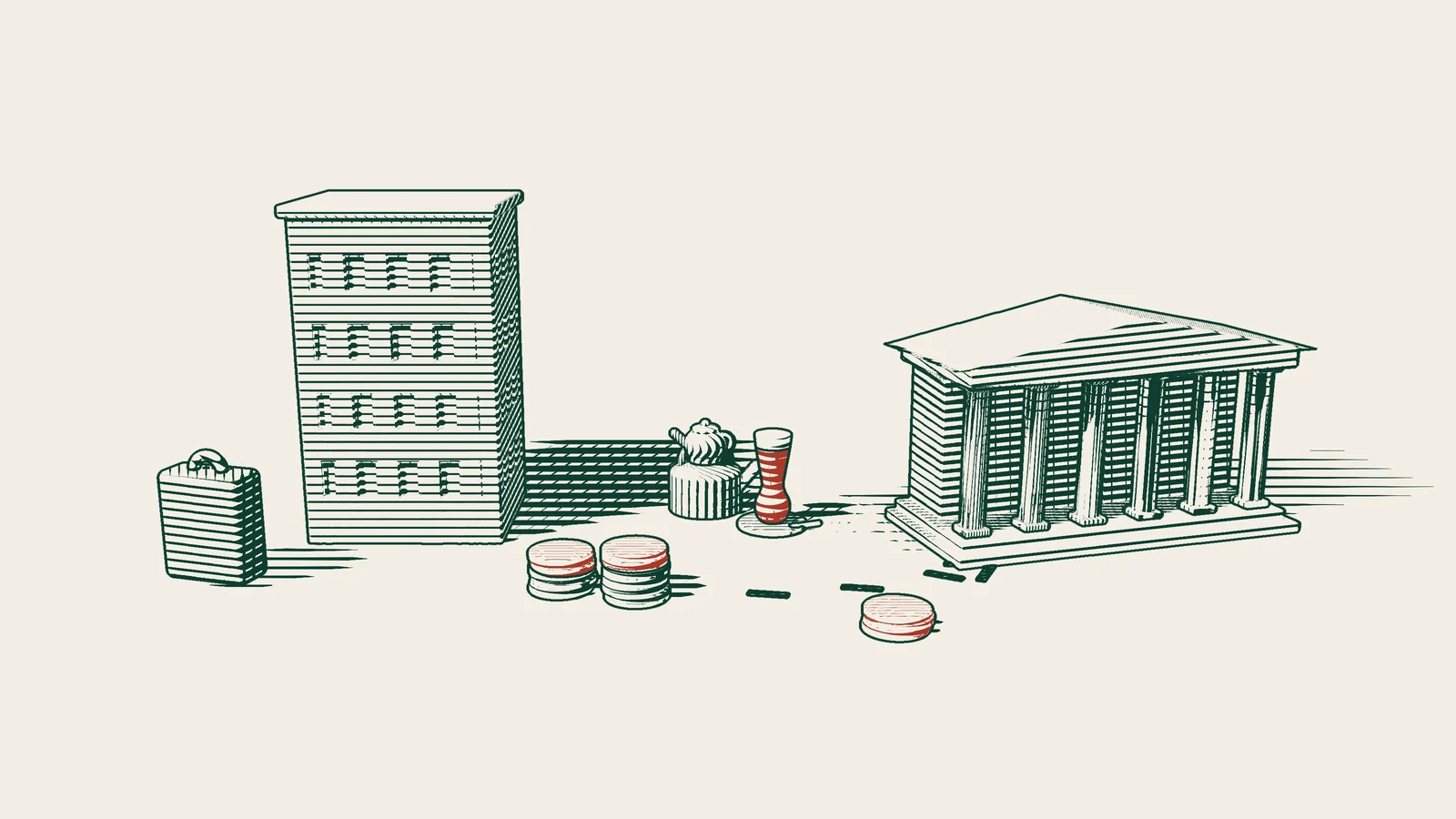 Engraving: an office building with a suitcase beside it, coin stacks with red tops in front, and a red stack travelling along a dashed arrow to a columned public building.