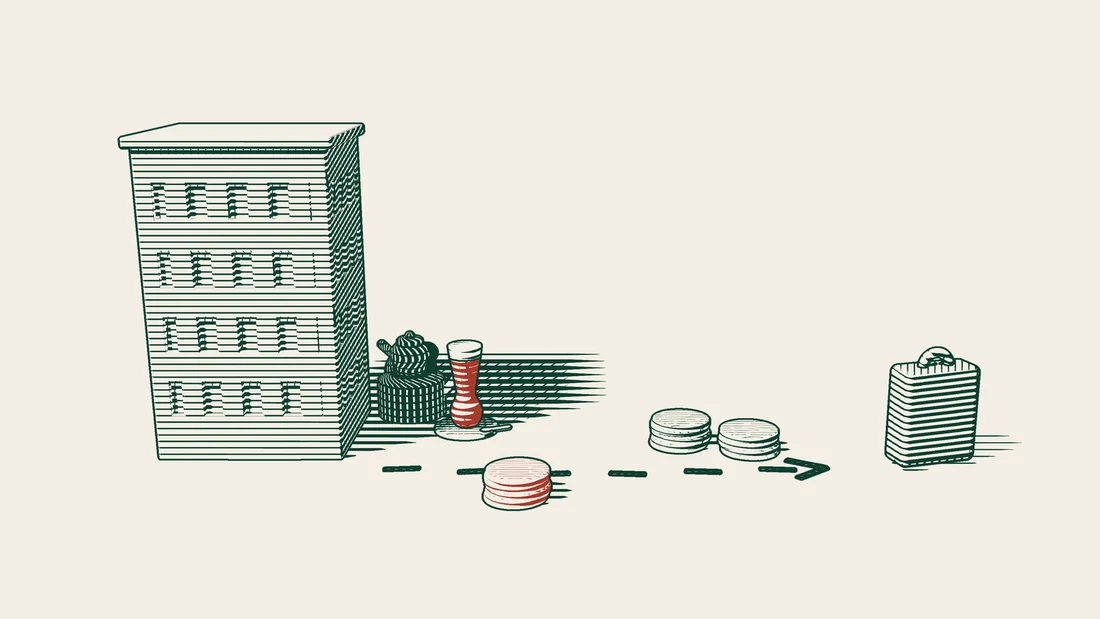 Coin stacks travel along a dashed arrow from an office building towards a suitcase, while one red stack stays behind on the way.