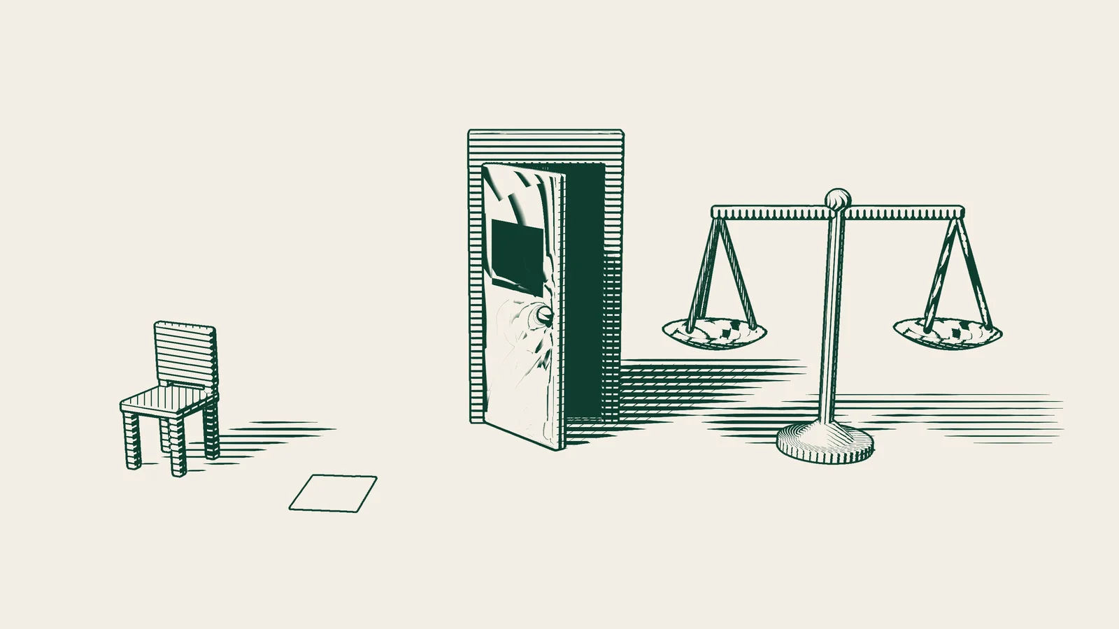 Engraving: an empty chair and a door left ajar, a blank termination notice in front, and a scale beside them.