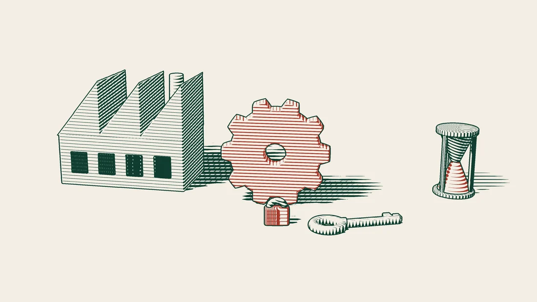 A red machine gear locked in front of the debtor's warehouse, with a key pointing to its owner and an hourglass beside it.