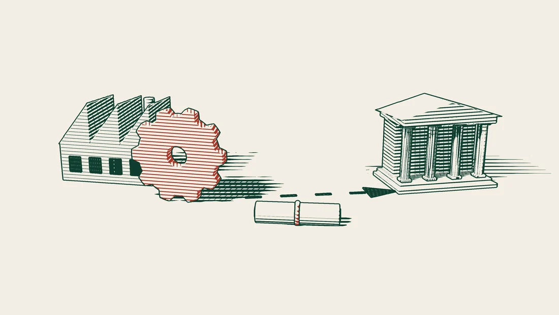 A red cogwheel standing for the machine sits in front of a warehouse, next to a ribboned lease contract, with an arrow path running to a columned building.