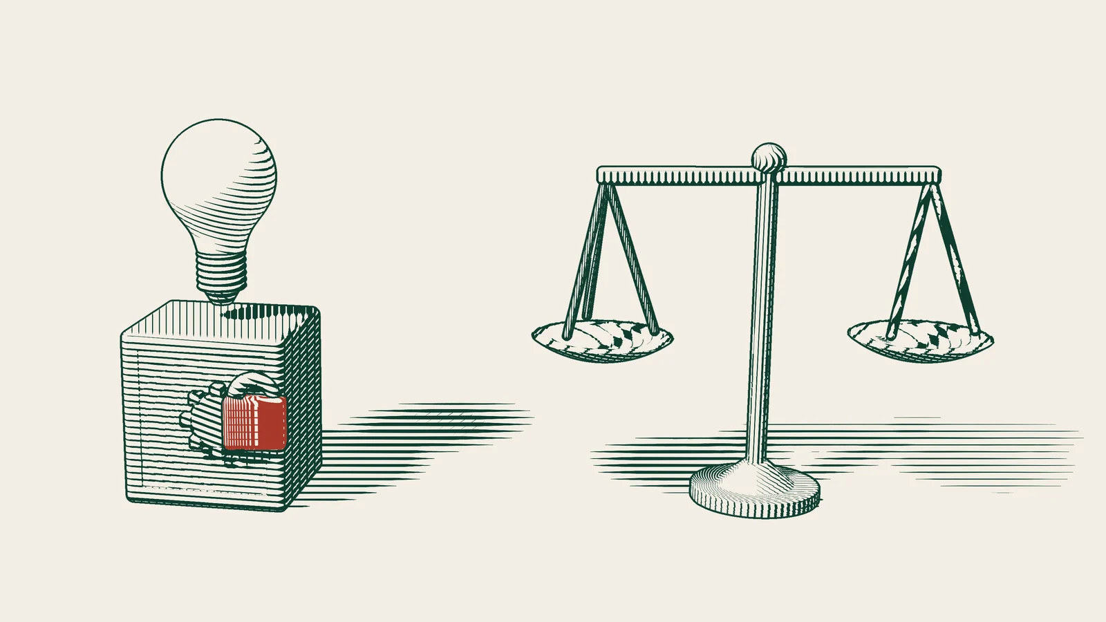 Engraving: a safe with a red padlock, a light bulb resting on top of it and a scale beside it.