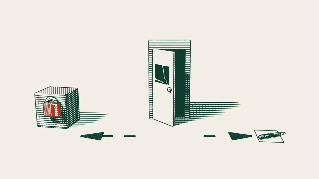 From a half-open door, one arrowed path leads left to a red locked safe and another leads right to a sheet of paper and a pen.
