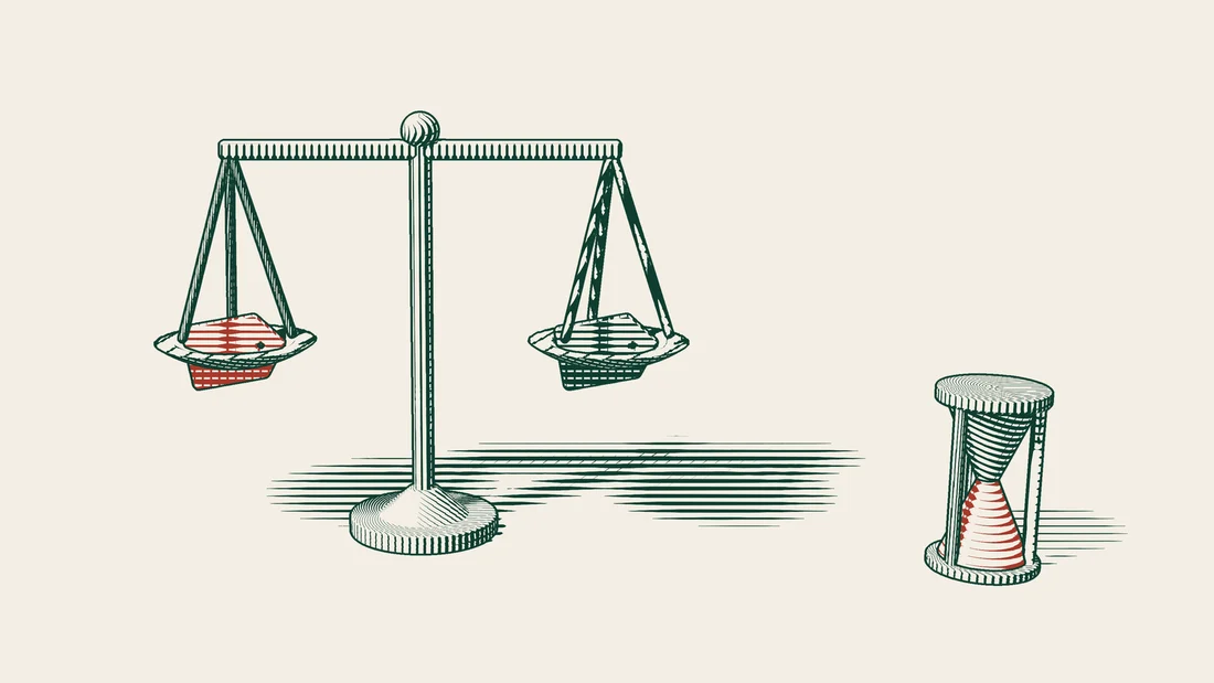 A balance scale holds a different label in each pan, with an hourglass standing beside it.