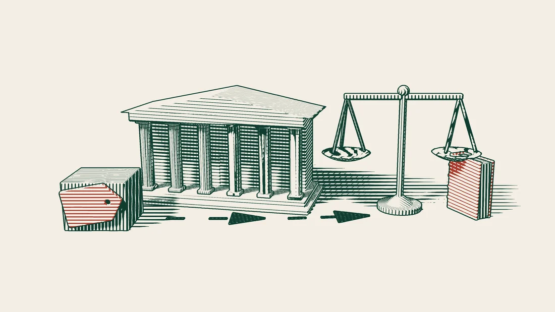 Arrow paths run from a labelled product carton to a columned institution building, and from there to a set of scales and a red bound book.