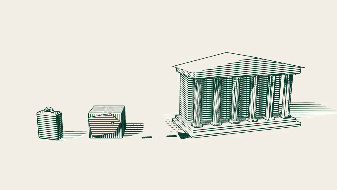 A suitcase and a crate with a red tag, with a dashed arrow leading to a large columned office building.