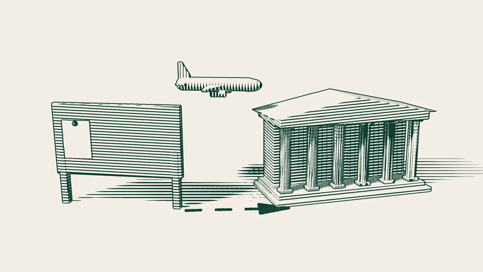 Engraving: a trademark plaque follows an arrowed path to a columned institutional building, with an aeroplane above, for a foreign owner registering in Türkiye.