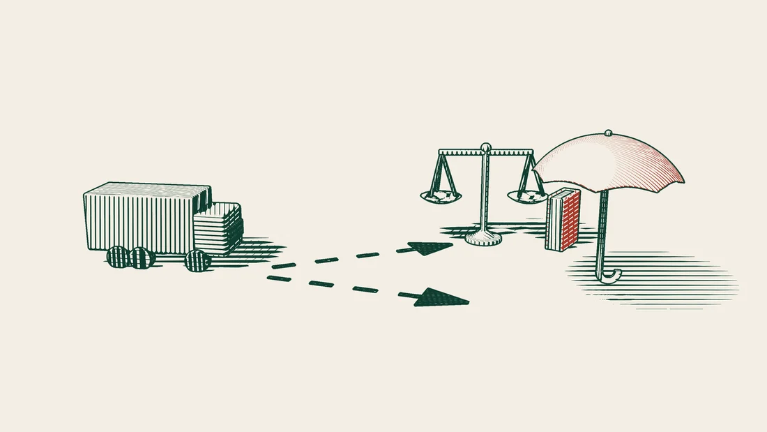A lorry with a dashed path that splits, one branch leading to a balance and an upright red book, the other to an open red umbrella.