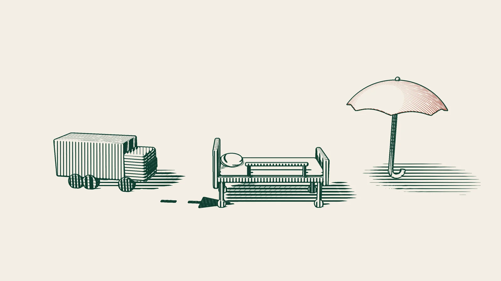 Engraving: a lorry, a dashed path to a wheeled hospital bed and an open red umbrella.