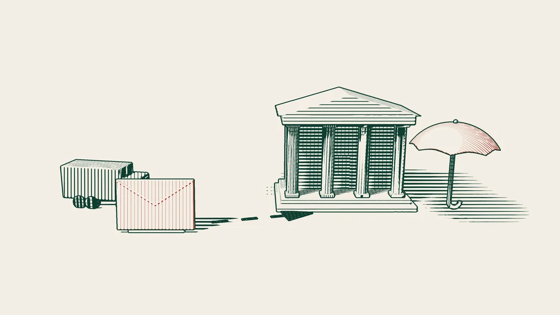 A lorry and a sealed envelope, a dashed path to a columned building and an open red umbrella beside it.