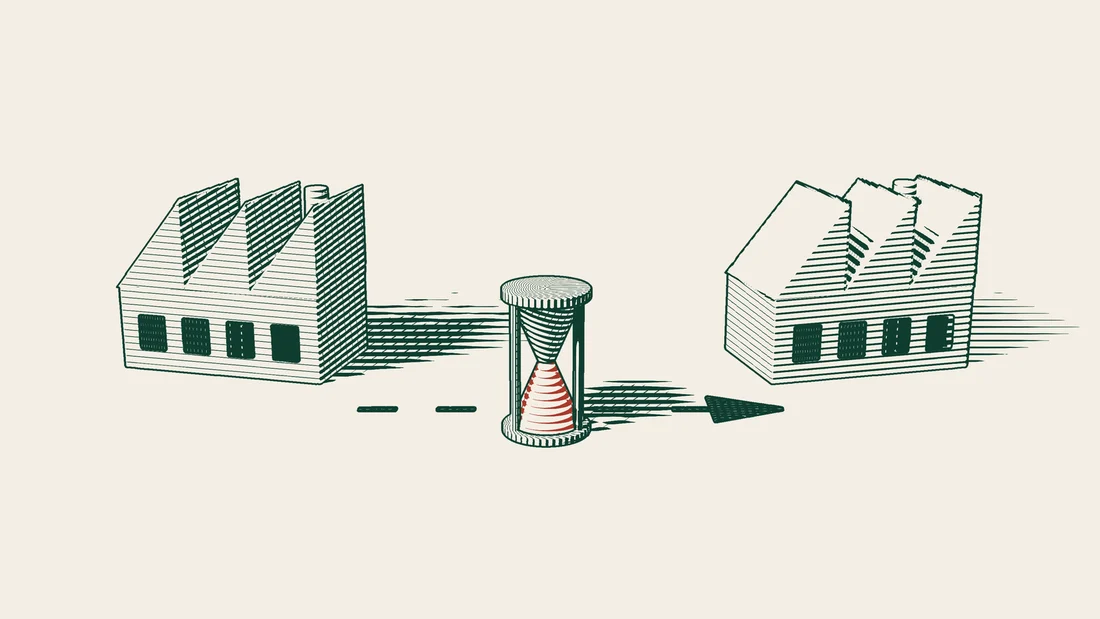 Two factories linked by an arrowed path, with an hourglass standing in the middle of the path.