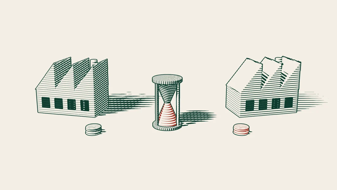 Two factories, each with a tower of coins in front of it, and an hourglass placed between them.