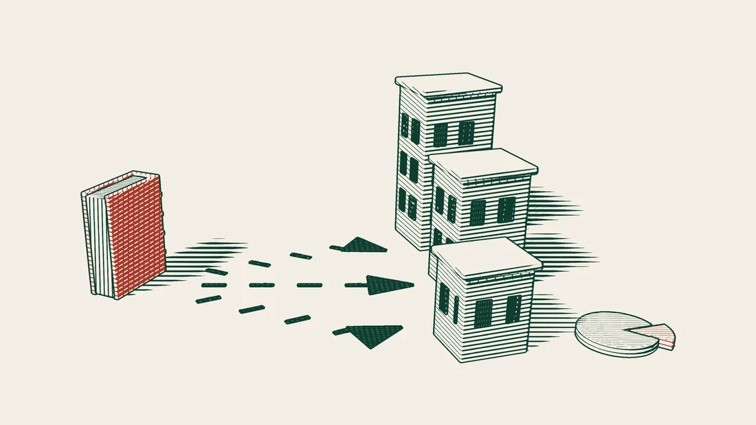 A thick red-bound code sits in the centre, with arrows to three company buildings of different heights and a sliced share disc in front.