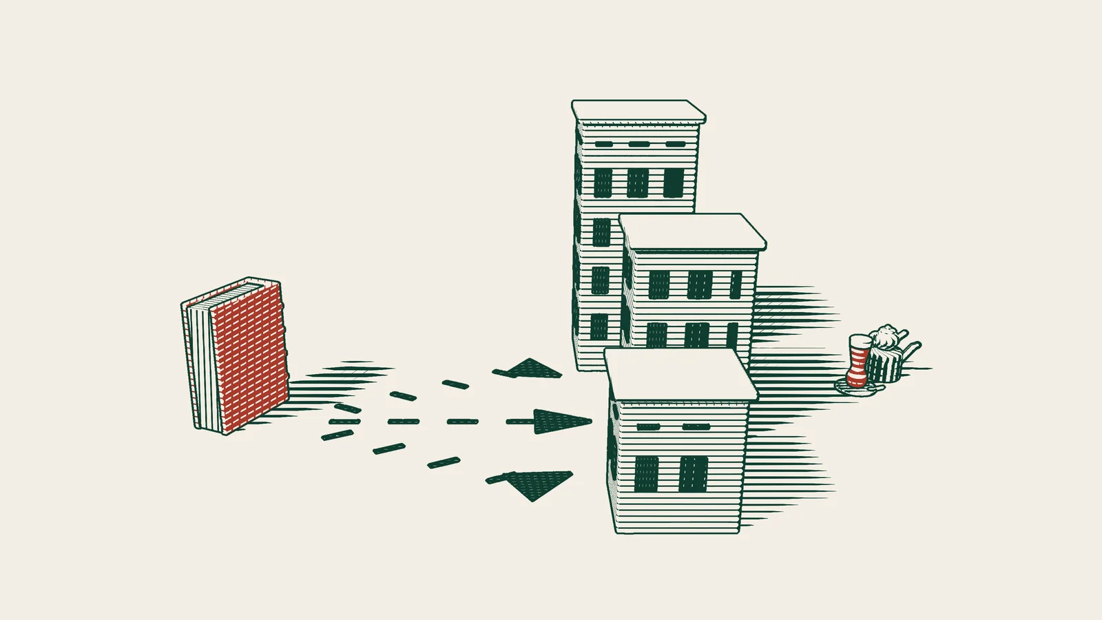 Engraving: arrowed paths branch from a red-bound law book to three company buildings, large, medium and small, with a Turkish tea set beside them.