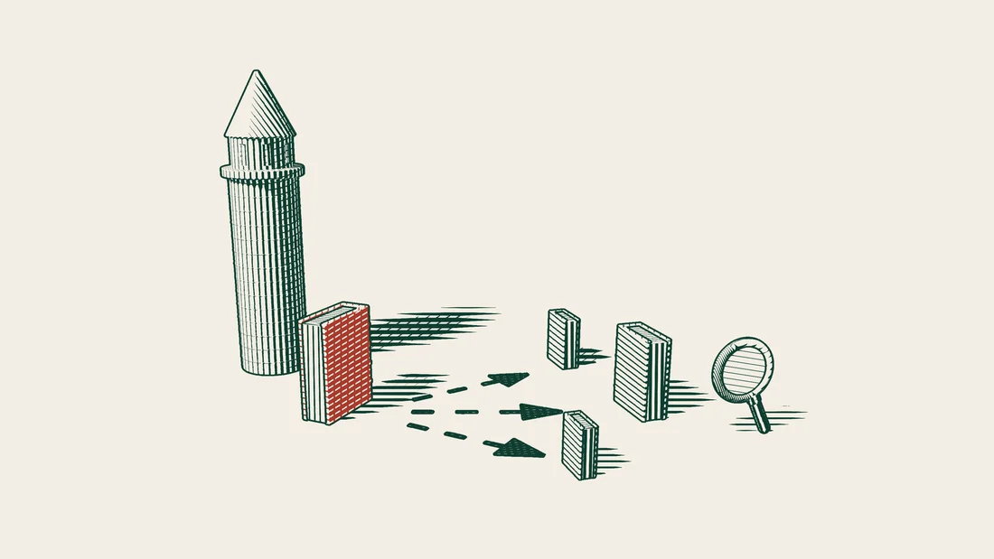 The Galata Tower behind a thick red law book, with three dashed arrows leading to three thinner plain books and a magnifying glass by the nearest one.