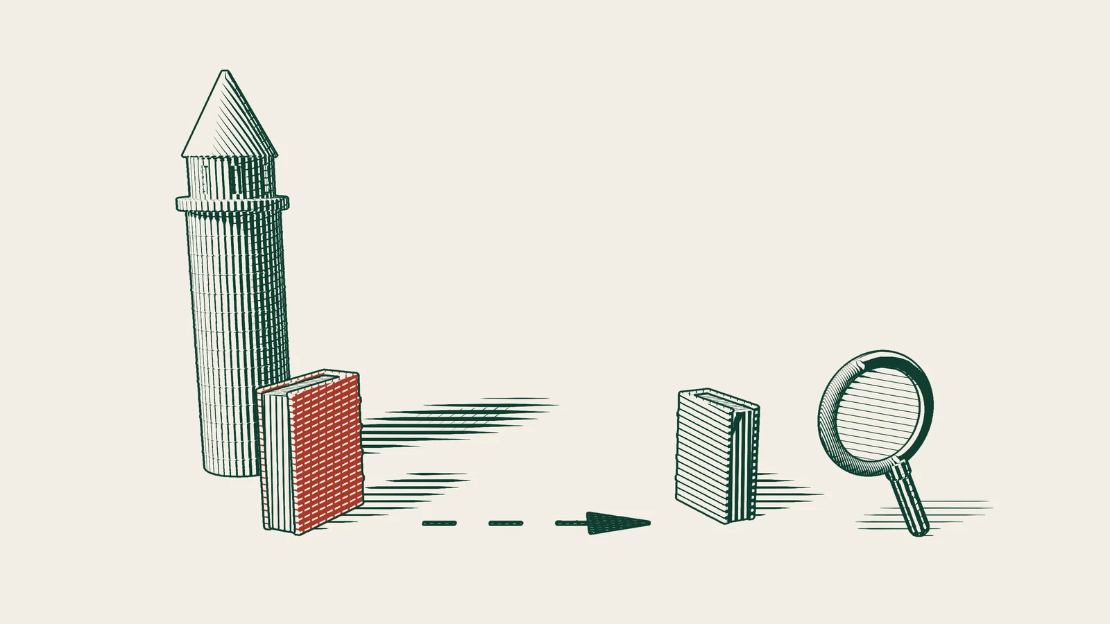 Engraving: the Galata Tower behind a thick red-bound law book, a dashed arrow leading to a thin plain book, and a magnifying glass beside it.