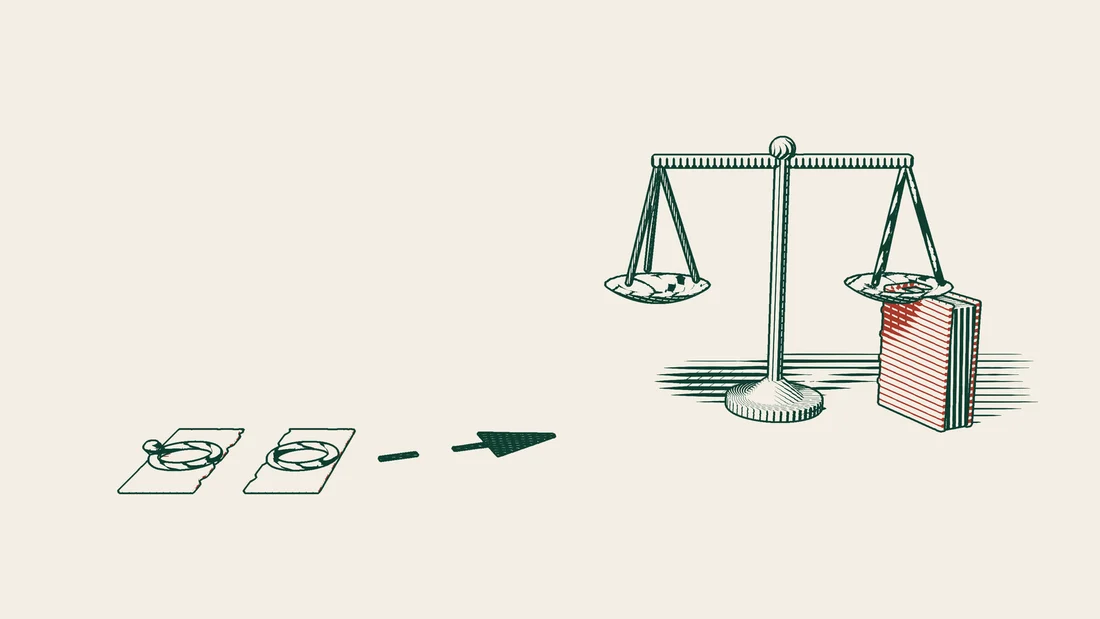 A blank sheet torn in two with a ring on each half, one with a stone, and an arrow path to scales and a red bound court book.