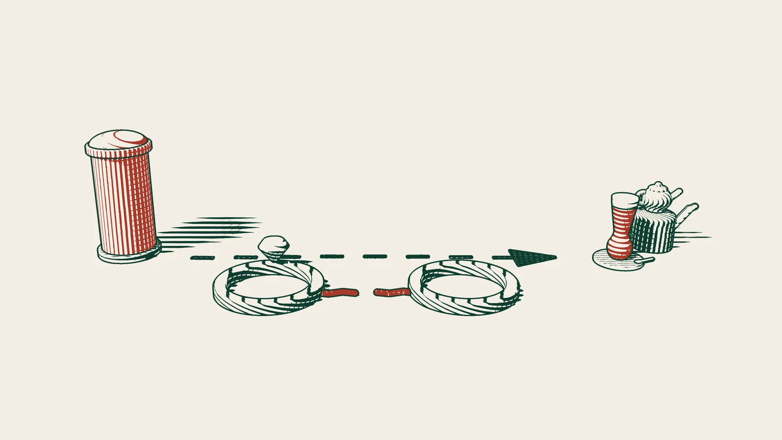Engraving: two wedding rings set apart with a broken red thread between them, and an arrowed path from a red UK postbox to a Turkish tea set.