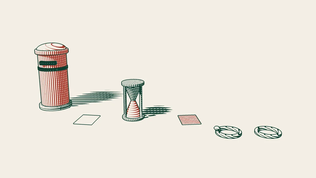 A red postbox beside a blank document, an hourglass and a second red document, with two separated rings placed in front of the red one.