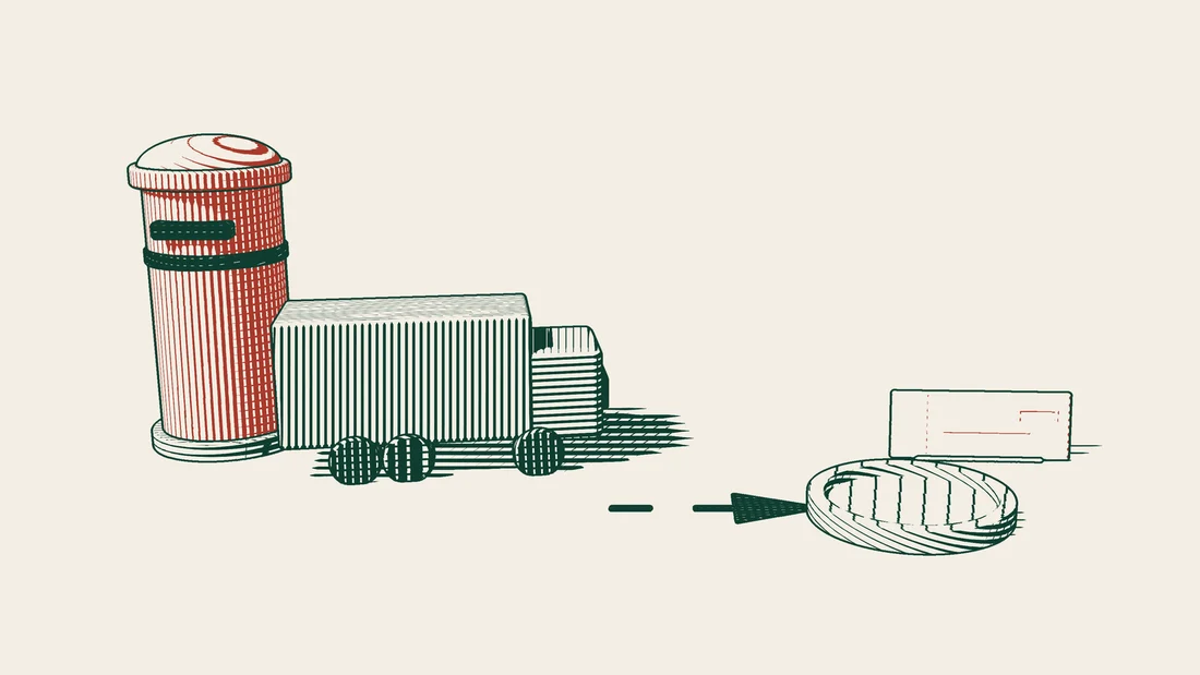 A large red pillar box beside a loaded truck, with a dashed arrow leading to an empty round tray and an invoice sheet behind it.