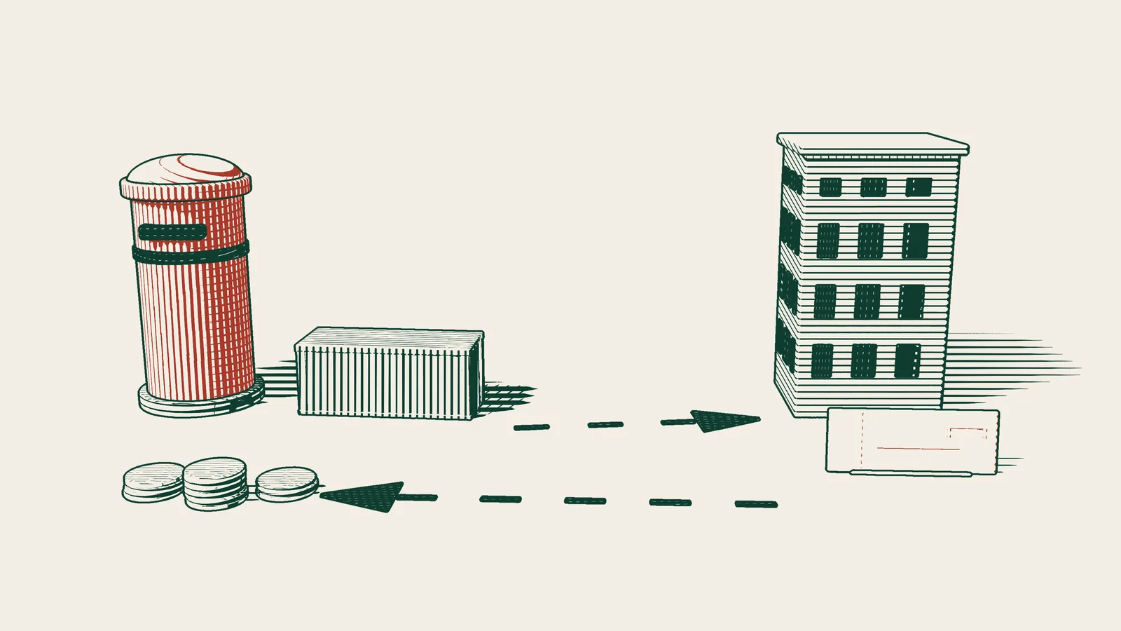 Engraving: a container, an arrow path to a company building with a red blank invoice, and a second path returning to coin stacks by a red postbox.