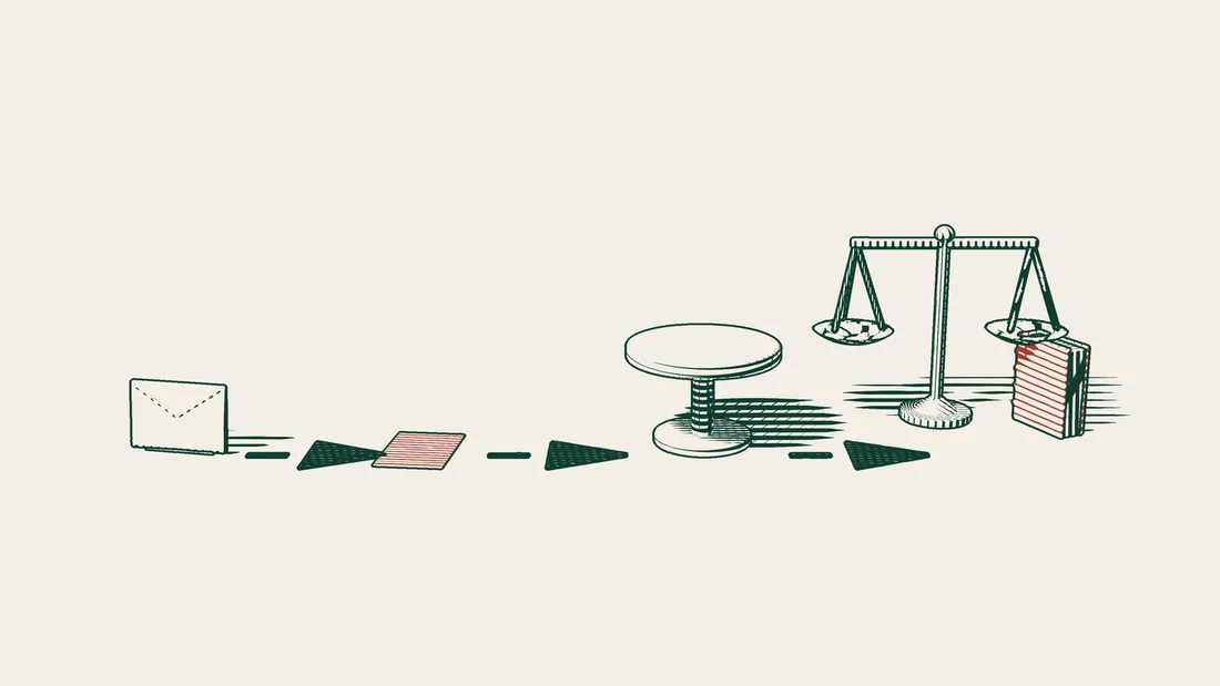 Four stops joined by an arrow path: an envelope, a red blank form, a round table and a court with scales.