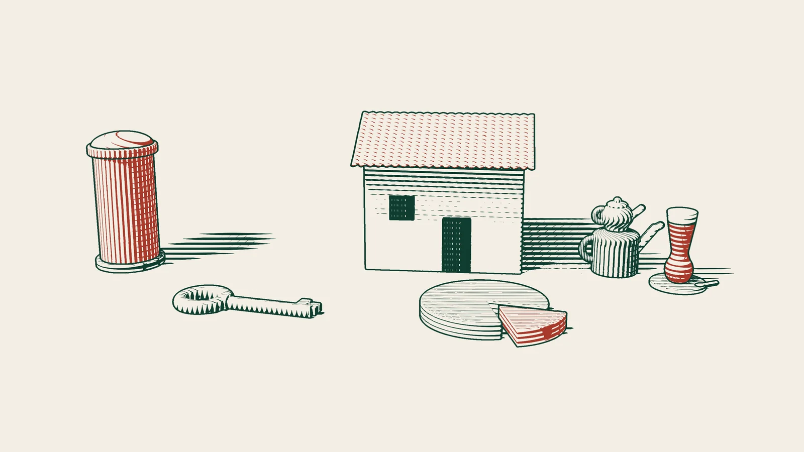 Engraving: a brass key and a sliced disc in front of a tiled-roof house in Türkiye, a red UK postbox in the distance and a Turkish tea set.