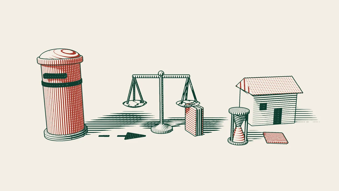 A red pillar box with a dashed arrow to scales and a red-bound book, an hourglass beside them, and a house with a red stack of papers in front.