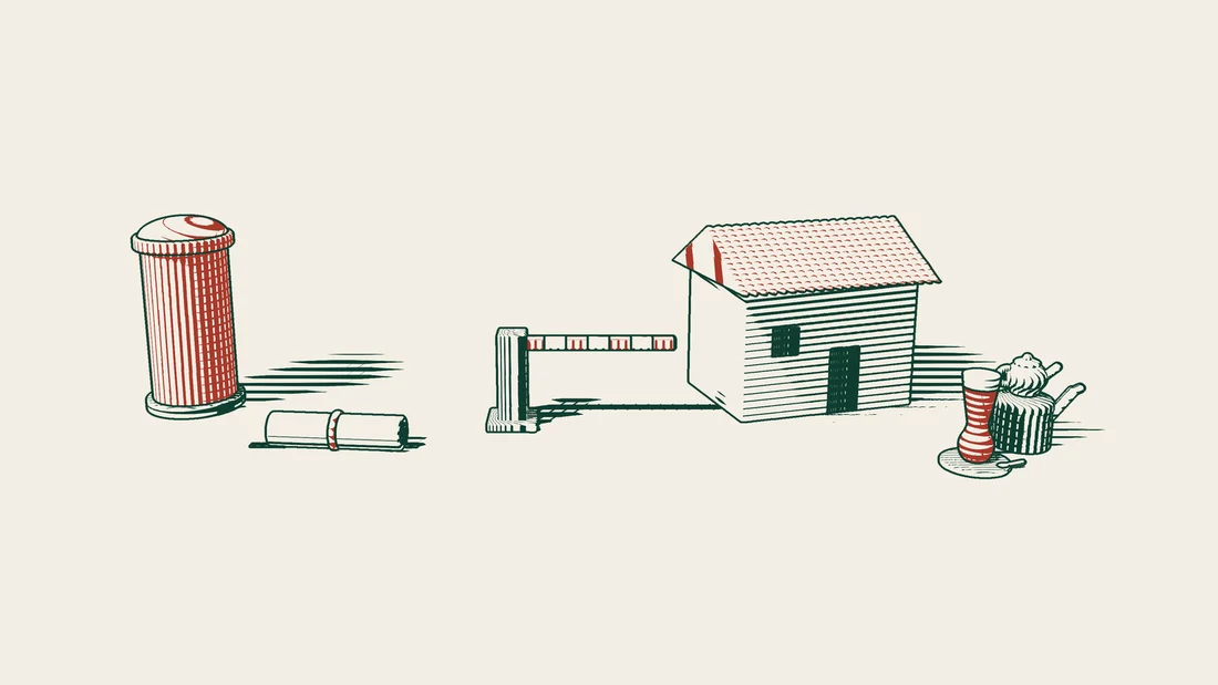 A ribboned document from beside a red UK postbox stops at a closed barrier, behind which stand a house in Türkiye and a Turkish tea set.