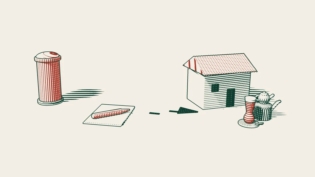 A signed blank will and a fountain pen beside a red UK postbox, with a tiled-roof house in Türkiye in the distance.