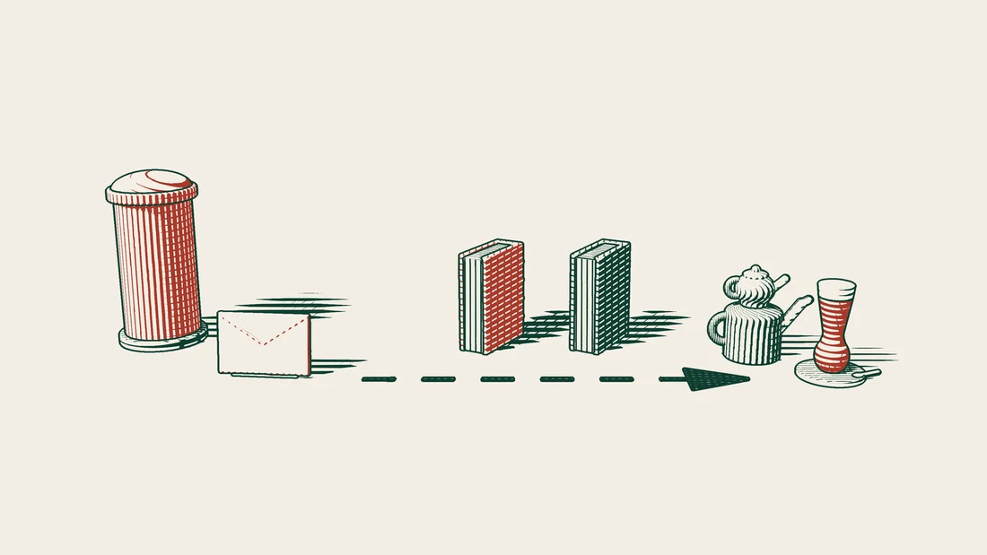A red envelope leaves a red UK postbox and follows an arrowed path between a red and a green bound book to a Turkish tea set.