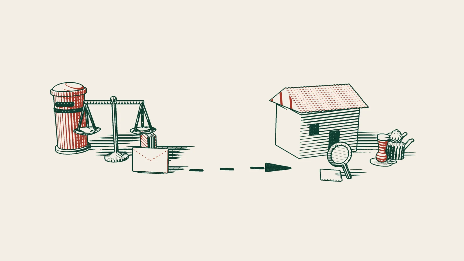 Engraving: an envelope follows an arrowed path from a red postbox and a balance to a house in Türkiye, with a magnifier on papers and a Turkish tea set.