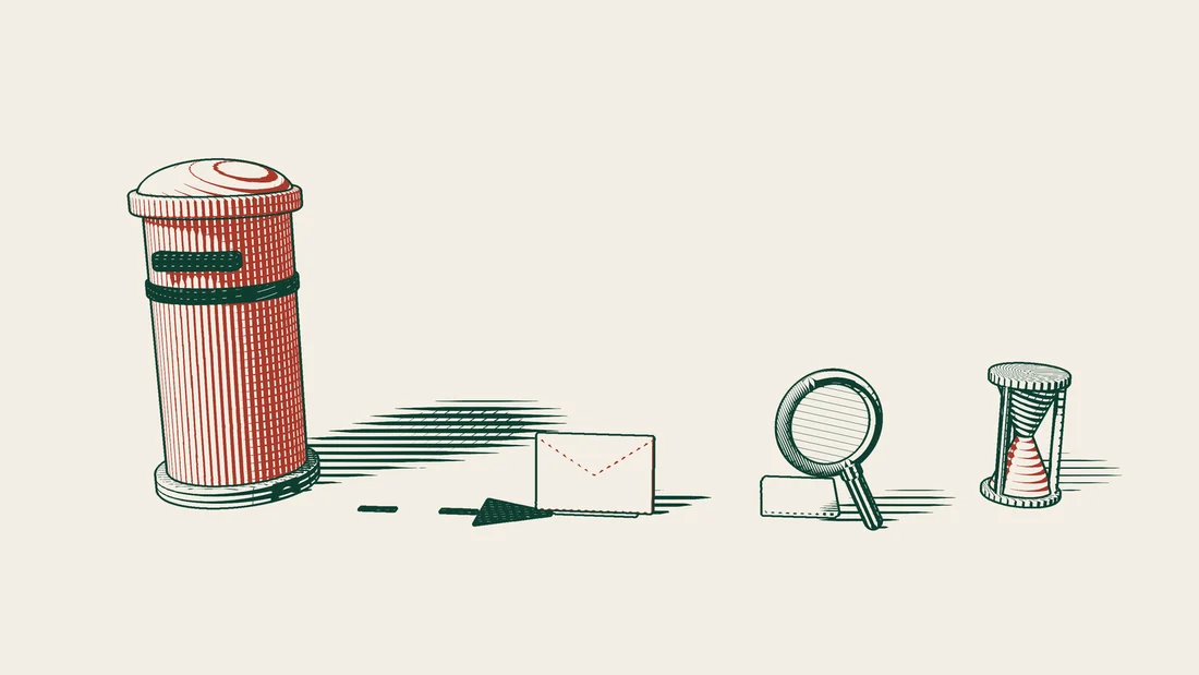 A red envelope coming from a red postbox, beside a stack of documents with a magnifying glass on top and an hourglass.