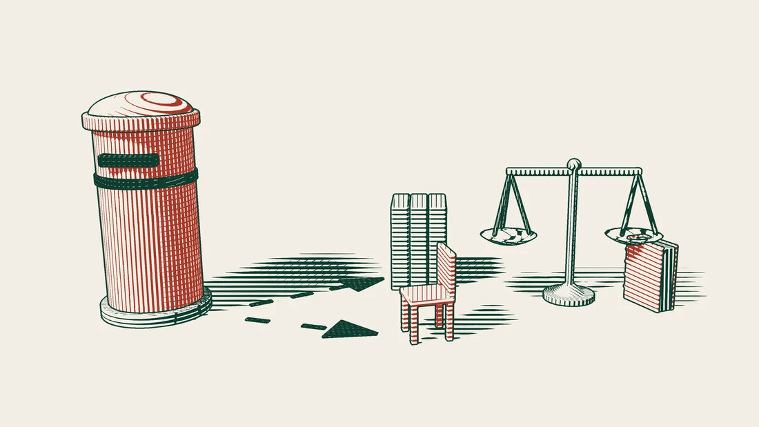 A red postbox with two arrow paths, one to a single chair and one to file folders, beside scales and a red bound book.