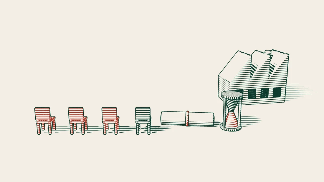 A row of four chairs, three of them red, a ribboned authorisation scroll, an hourglass and a factory on the right.