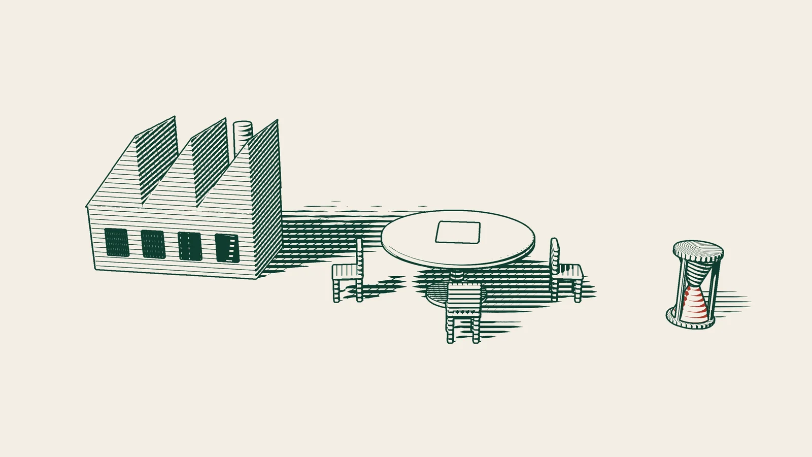 Engraving: a meeting table surrounded by chairs in front of a factory, with a contract sheet on the table and an hourglass beside it.