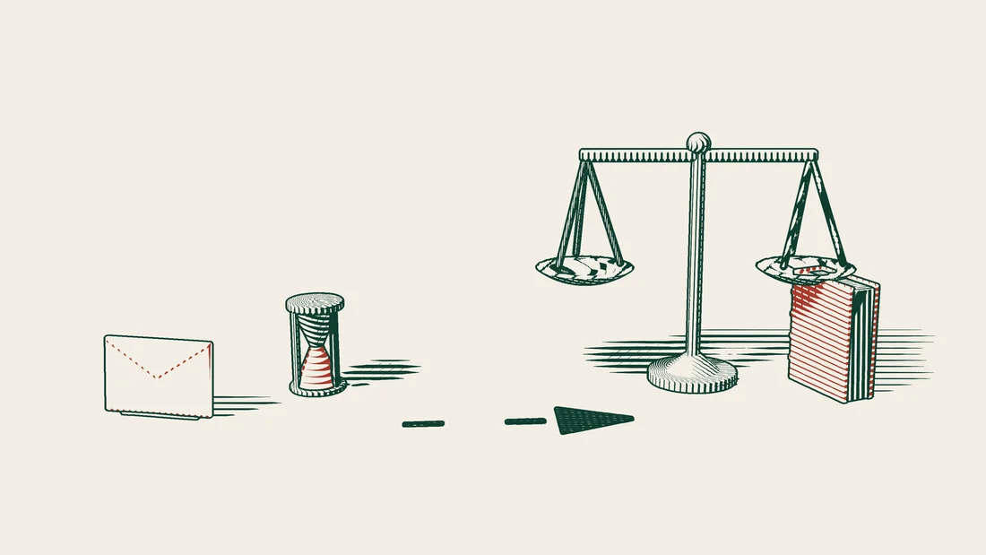 A short arrowed path runs from a red envelope and a small hourglass to a scale and a red-bound book.
