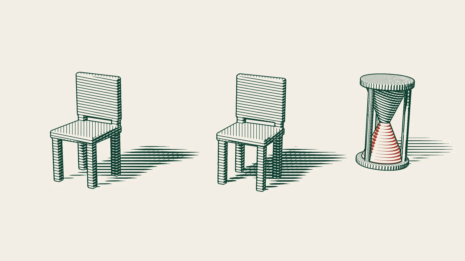 Engraving: an original chair beside an exact red copy of it, with an hourglass standing in the background.