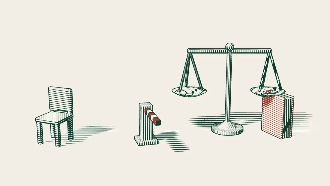 The copied chair stands before a closed barrier, with a scale and a red-bound book beside it.