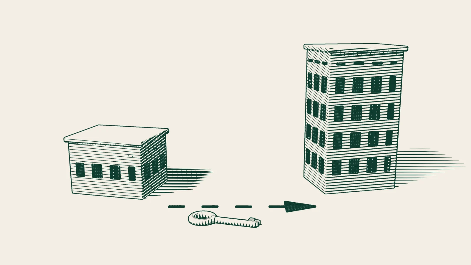 Engraving: an arrowed path from an old low-rise building to a tall new one, with a tiled-roof house and key in front.