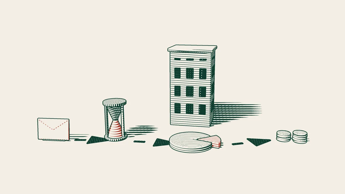 A red envelope and an hourglass, then an apartment block with a share disc whose red slice is set apart and towers of coins, linked by arrowed paths.