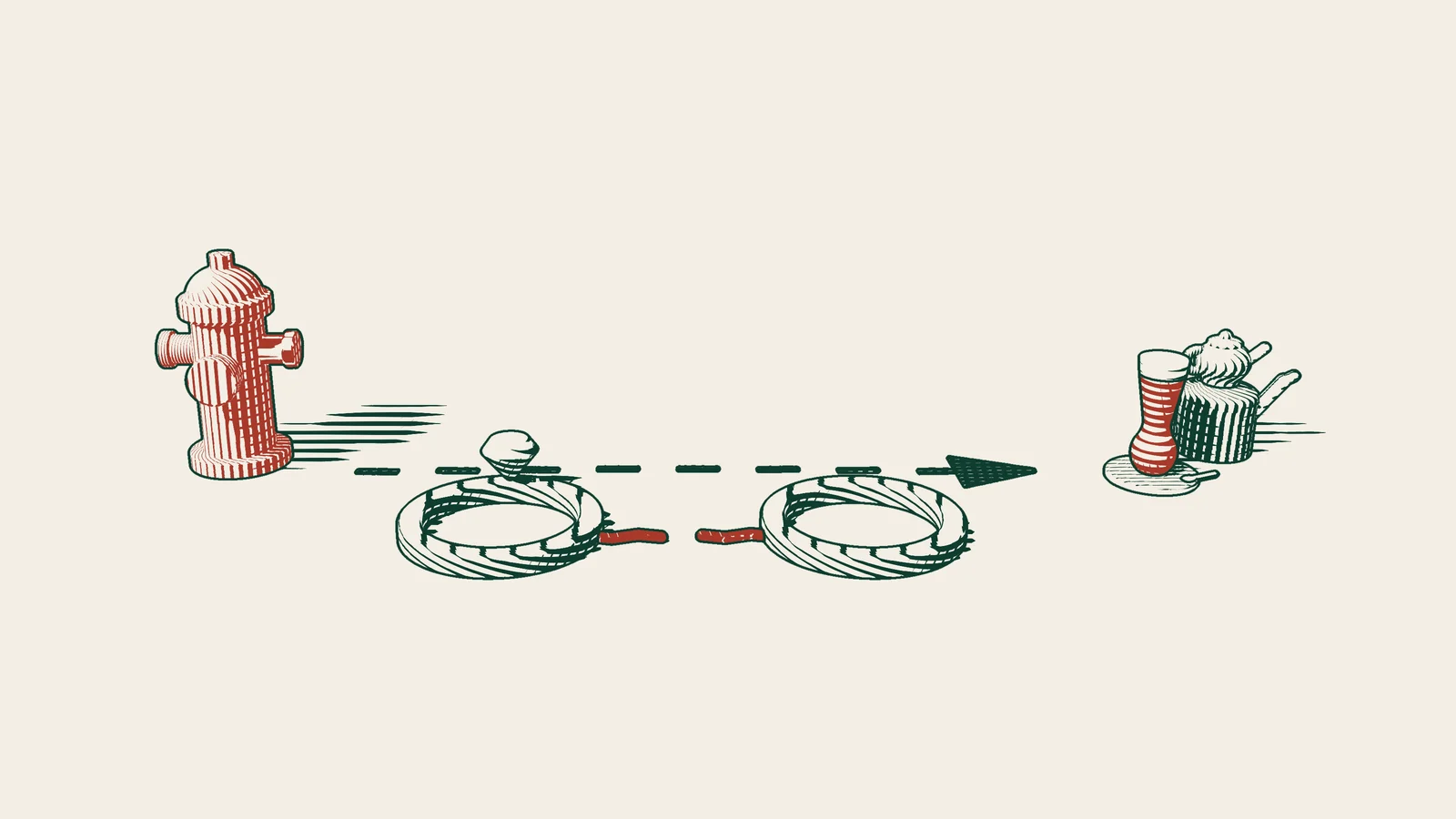 Engraving: two separated wedding rings with a snapped red thread between them, and an arrowed path running from a red fire hydrant to a Turkish tea set.