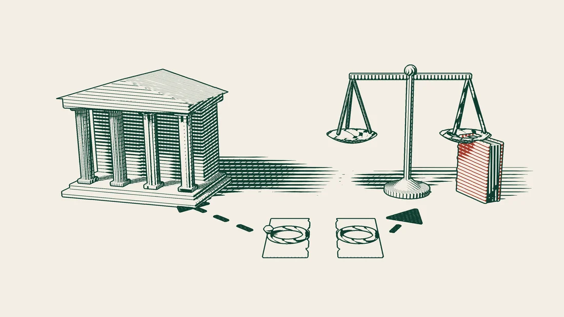 A blank sheet torn in two with a ring on each half, and two arrow paths to a columned building and to scales with a red bound book.