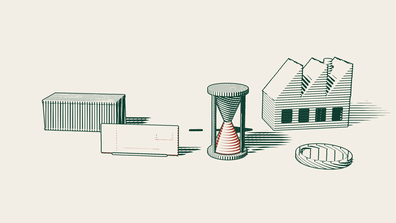 Engraving: an arrow path from a container to a factory, with a red blank invoice, an hourglass and an empty brass tray in front of it.