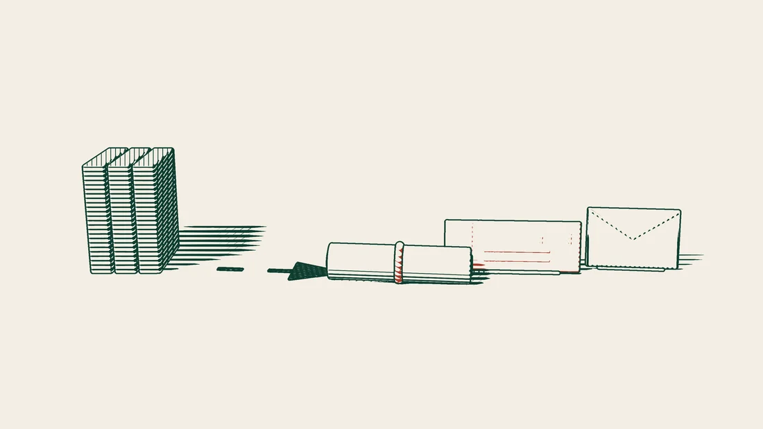 File folders with an arrow path leading to a ribboned document scroll, a red blank invoice and an envelope.
