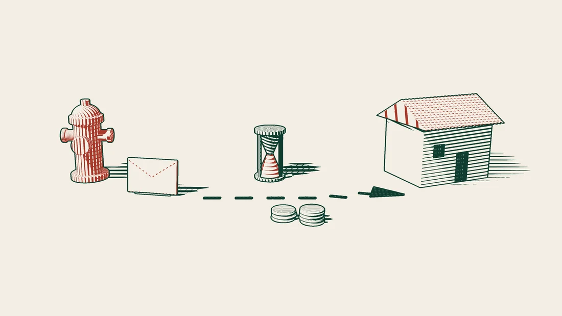 A red envelope travels from a red fire hydrant along an arrowed path to a house, past an hourglass and stacks of coins.