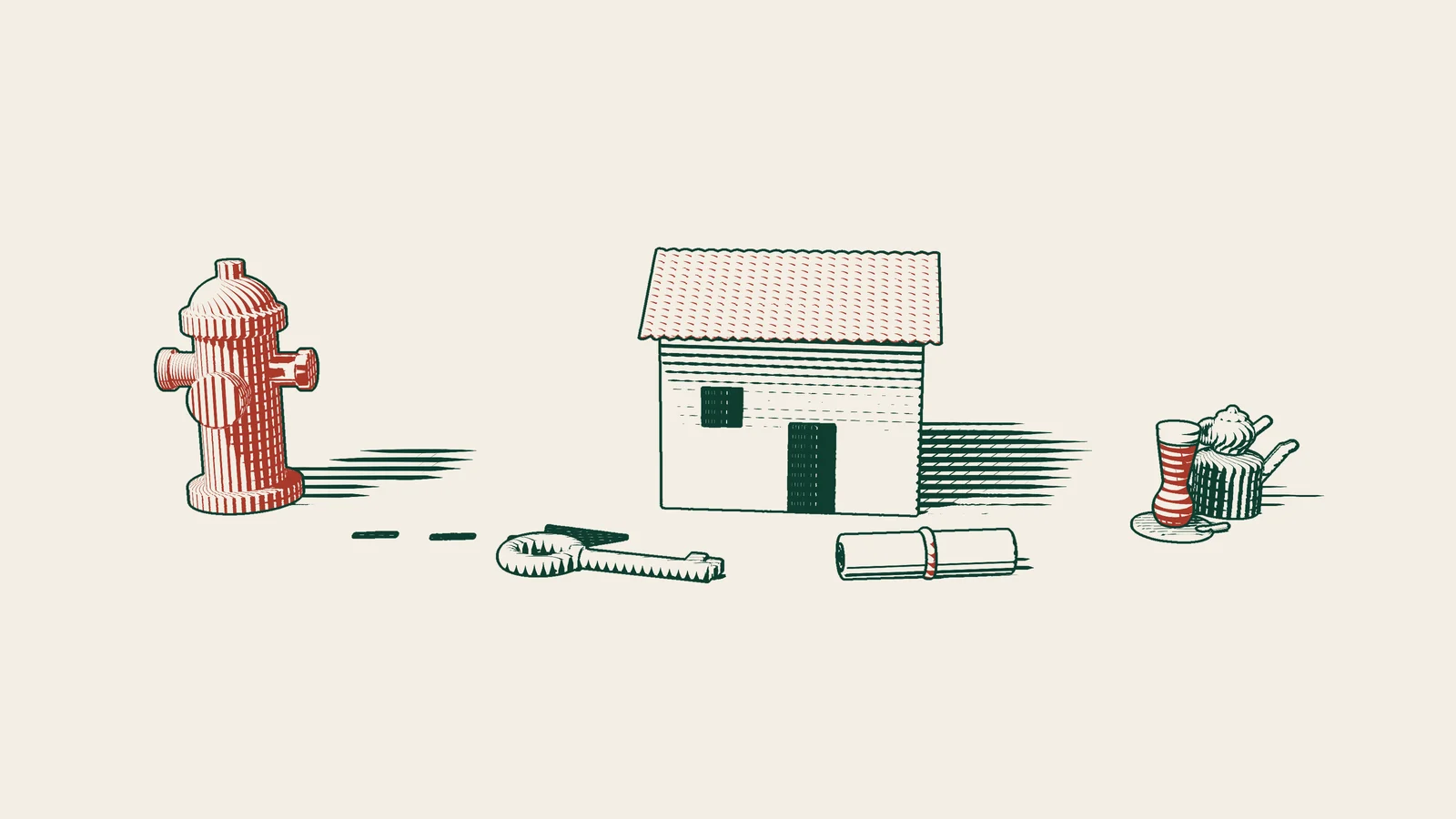 Engraving: an arrowed path from a red US fire hydrant to a tiled-roof house in Türkiye, with a brass key, a ribboned will scroll and a Turkish tea set.