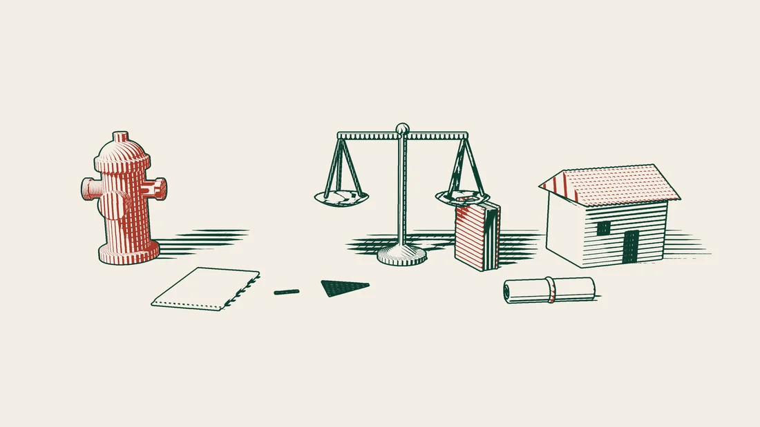 A red fire hydrant and a blank document with a dashed arrow to scales and a red-bound book, with a ribboned scroll in front and a house beyond.