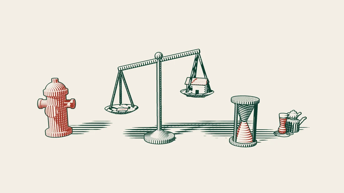 A balance weighed down by red papers on one pan, with a small house on the other, an hourglass beside it and a red fire hydrant in the distance.