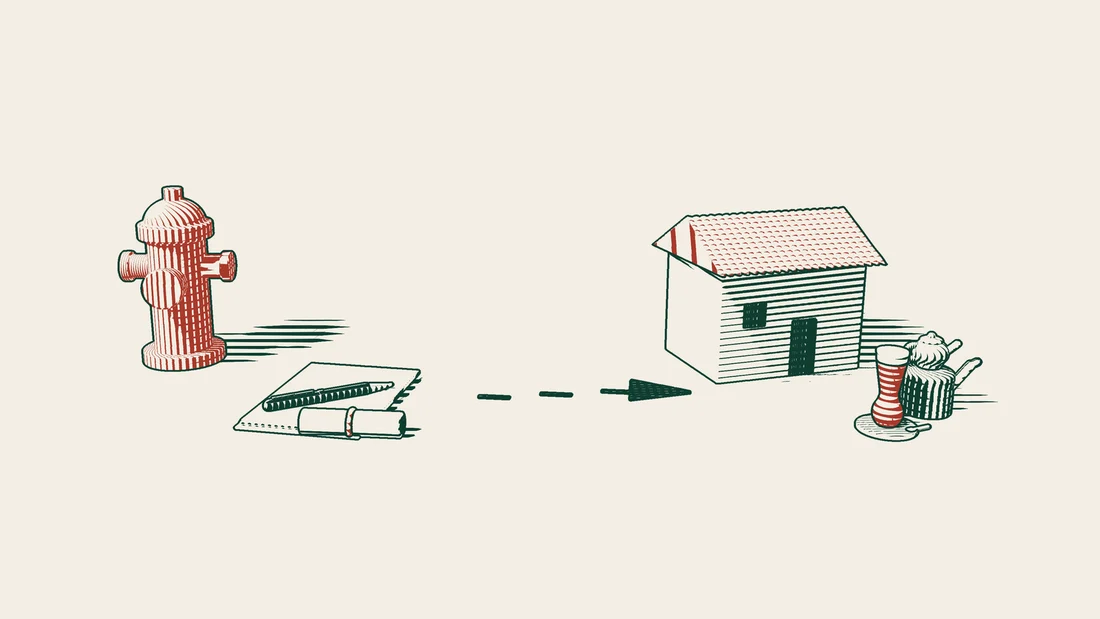 Blank will pages tied with a red ribbon and a fountain pen by a red US fire hydrant, with an arrowed path to a house in Türkiye.